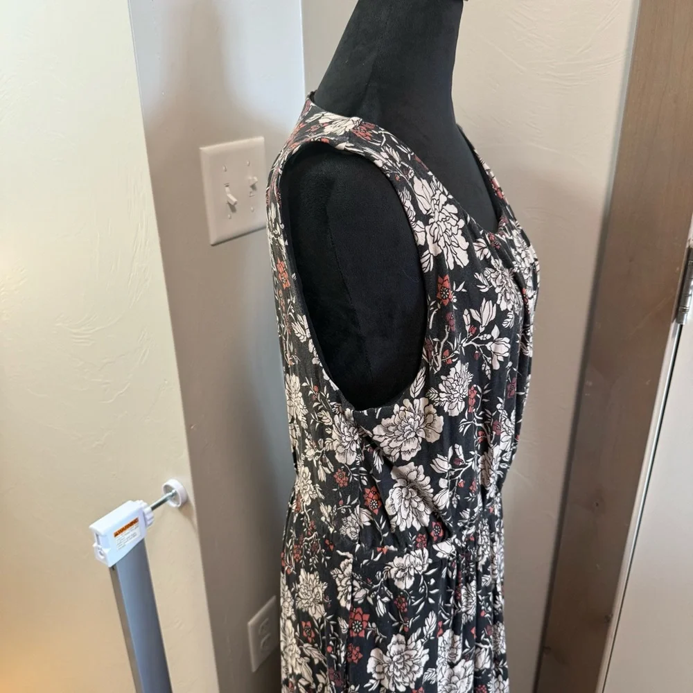 Garnet Hill Dark Floral Sleeveless Maxi Dress‎ Cinch Waist Faux Wrap Top Scoop L